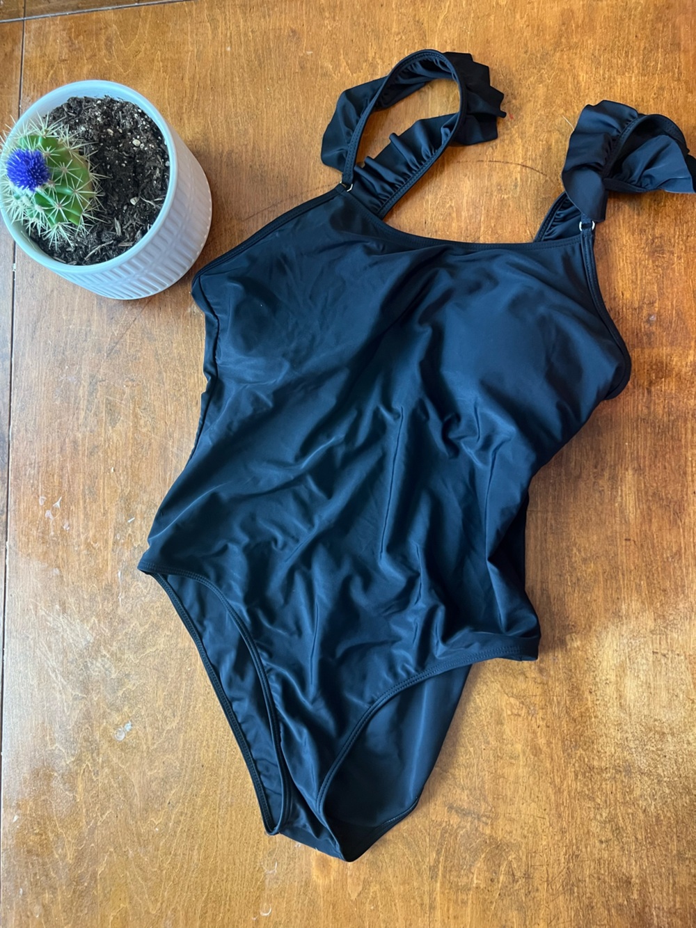 Black One Piece Swimsuit Ruffle Strap Open Back XL